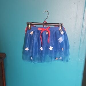 Girls Blue Star Tulle Skirt with Red Bow